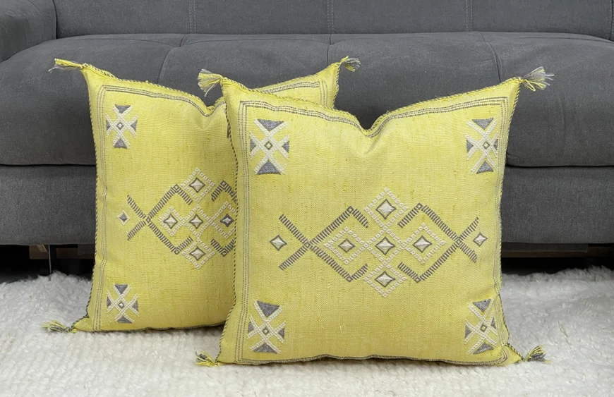 Tulip Twist: Handmade Moroccan Yellow Silk Pillow for a Radiant Home