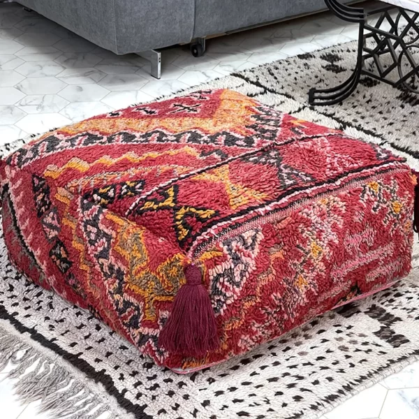 Elevate Your Home with the Bold Elegance of the Scarlet Sojourn Kilim Pouf